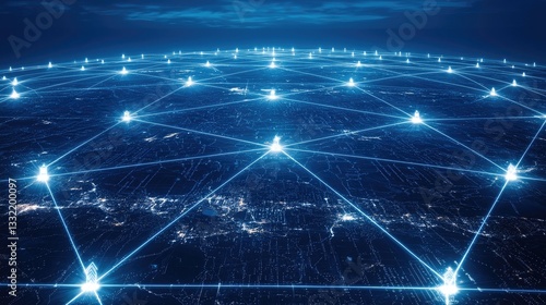 Global network connecting nodes over earth, nighttime urban area, symbolizing connectivity and data sharing