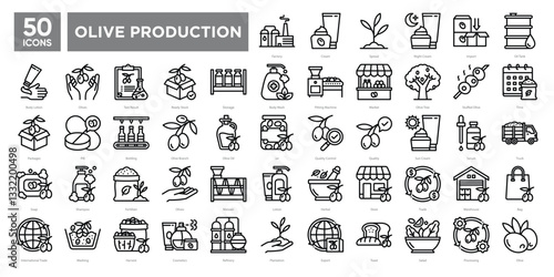 Olive Production icons themed around olive production, including harvesting,processing,cosmetics,storage,and trade. Perfect for presentations,infographics,and industry-related designs.