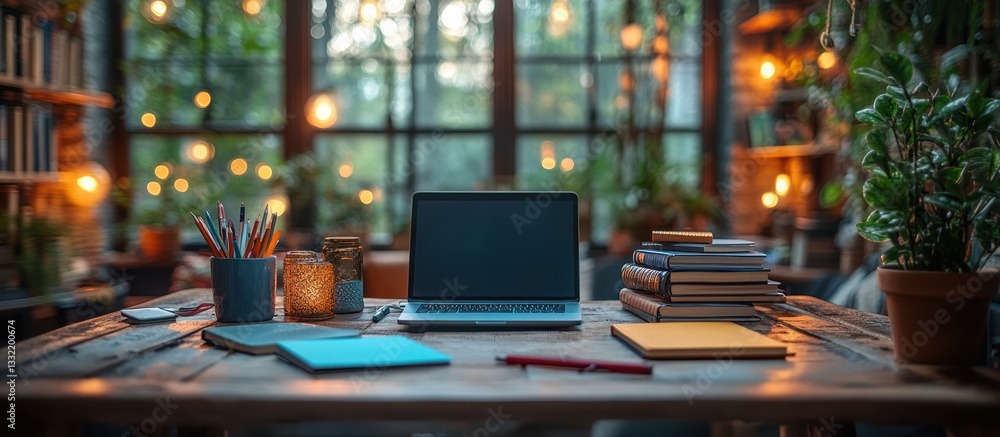 Cozy workspace with laptop and books. Cozy workspace with laptop and books.