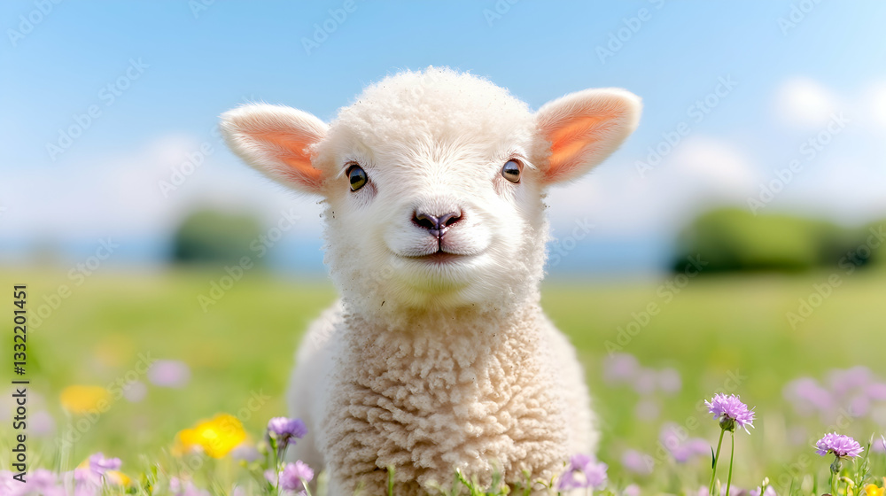 Fototapeta premium Adorable lamb in a vibrant spring meadow