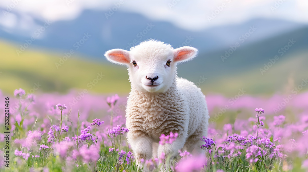 Obraz premium Adorable lamb standing in a vibrant purple flower field