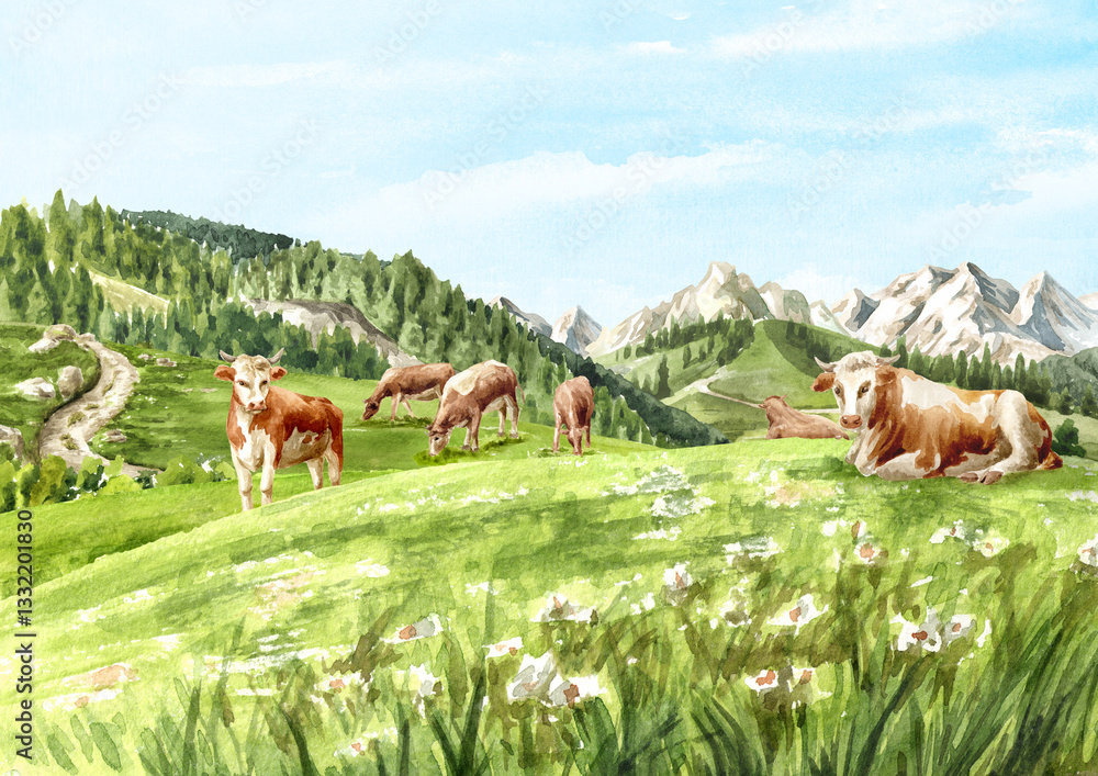 Fototapeta premium Cows on the alpen midow, Hand drawn watercolor illustration with copy space