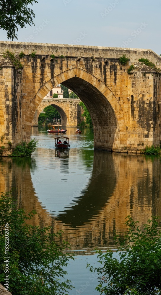 Tourists enjoy a boat ride under historic arches reflecting in calm waters Tourists enjoy a boat ride under historic arches reflecting in calm waters