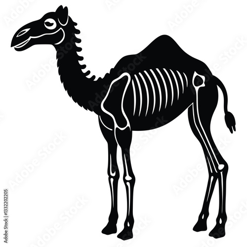 a stylized illustration of a camel skeleton in black.