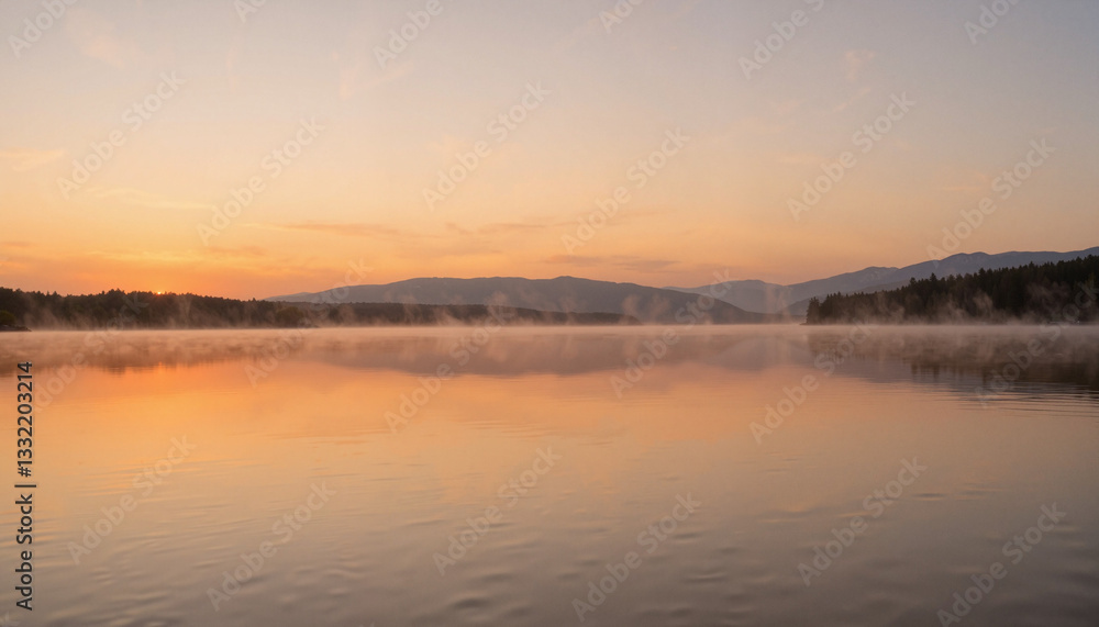 Tranquil lakeside morning with soft sunrise reflections, nature's serenity Tranquil lakeside morning with soft sunrise reflections, nature's serenity