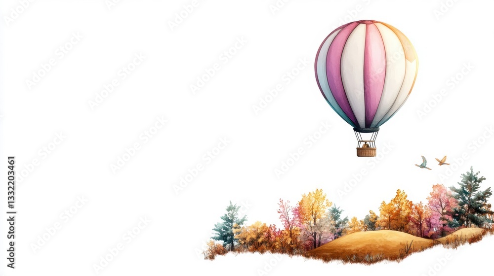Obraz premium Colorful Hot Air Balloon Drifting Over Scenic Autumn Landscape