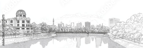 Hiroshima Serenity: A City's Peaceful Resilience - Serene line art depicts Hiroshima's Atomic Bomb Dome, reflecting peace, resilience, remembrance, hope, and renewal. A city reborn