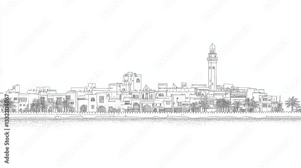 Fototapeta premium Jeddah Waterfront Line Art Illustration - Detailed line art of Jeddah's historic waterfront, symbolizing heritage, architecture, coastal life, trade, and cultural richness