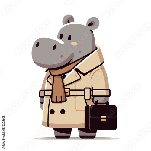 Detective hippo in trench coat with briefcase and scarf. Vector illustration for mystery stories, private investigation services or noir fiction themes.