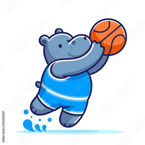 Basketball player hippo dunking orange ball in blue uniform. Vector illustration for sports events, team activities or youth athletic program marketing.