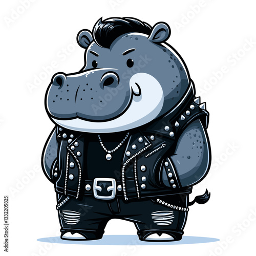 Dark hippo in black leather jacket with metal accessories. Vector illustration ideal for rock culture themes, rebel concepts or alternative fashion statements.