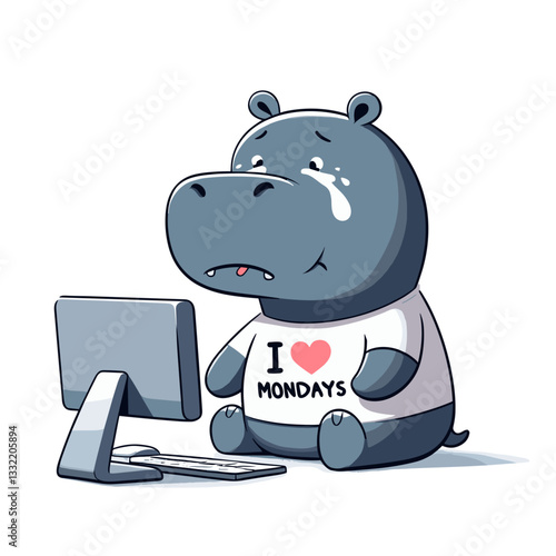 Sad hippo in "I love Mondays" t-shirt at computer. Vector illustration ideal for office humor, work stress concepts or relatable corporate culture content.