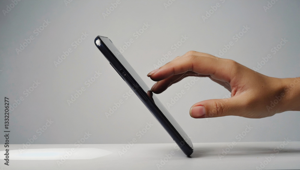 Wireless Technology and Future WiFi Concept, hand with natural skin tone interacts with smartphone on table Wireless Technology and Future WiFi Concept, hand with natural skin tone interacts with smartphone on table