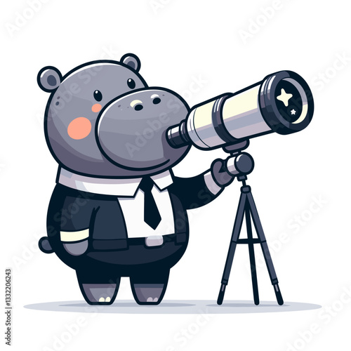 Hippo businessman with telescope on tripod. Vector illustration ideal for business vision, market research, future planning, strategic foresight concepts.