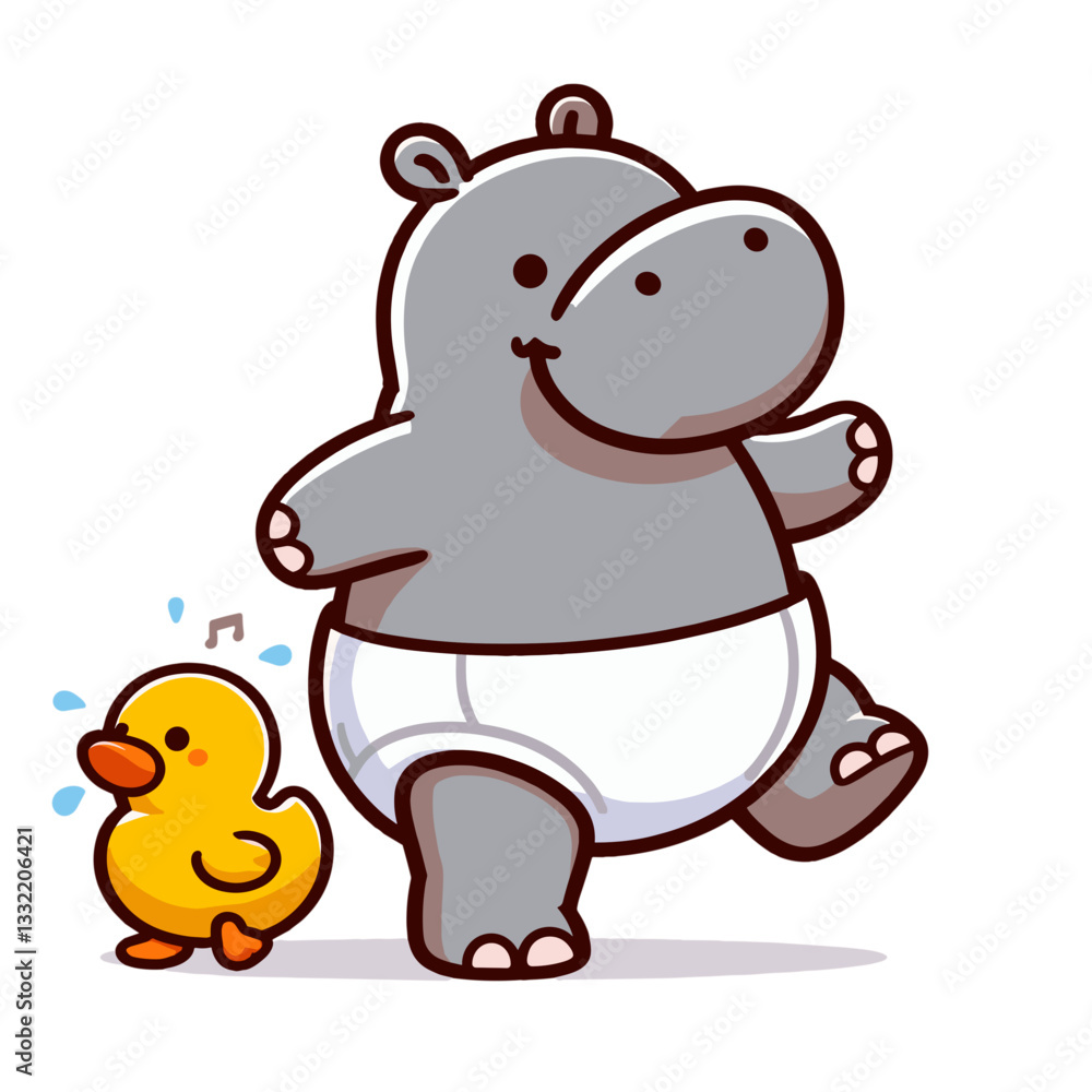Naklejka premium Baby hippo in diaper with yellow rubber duck. Vector illustration perfect for nursery decor, baby products, childcare themes and infant development concepts.