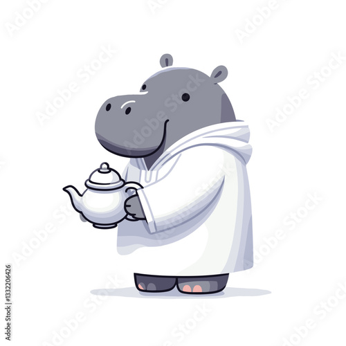Hippo doctor in white coat holding teapot. Vector illustration ideal for medical care, alternative medicine, wellness and therapeutic relaxation concepts.