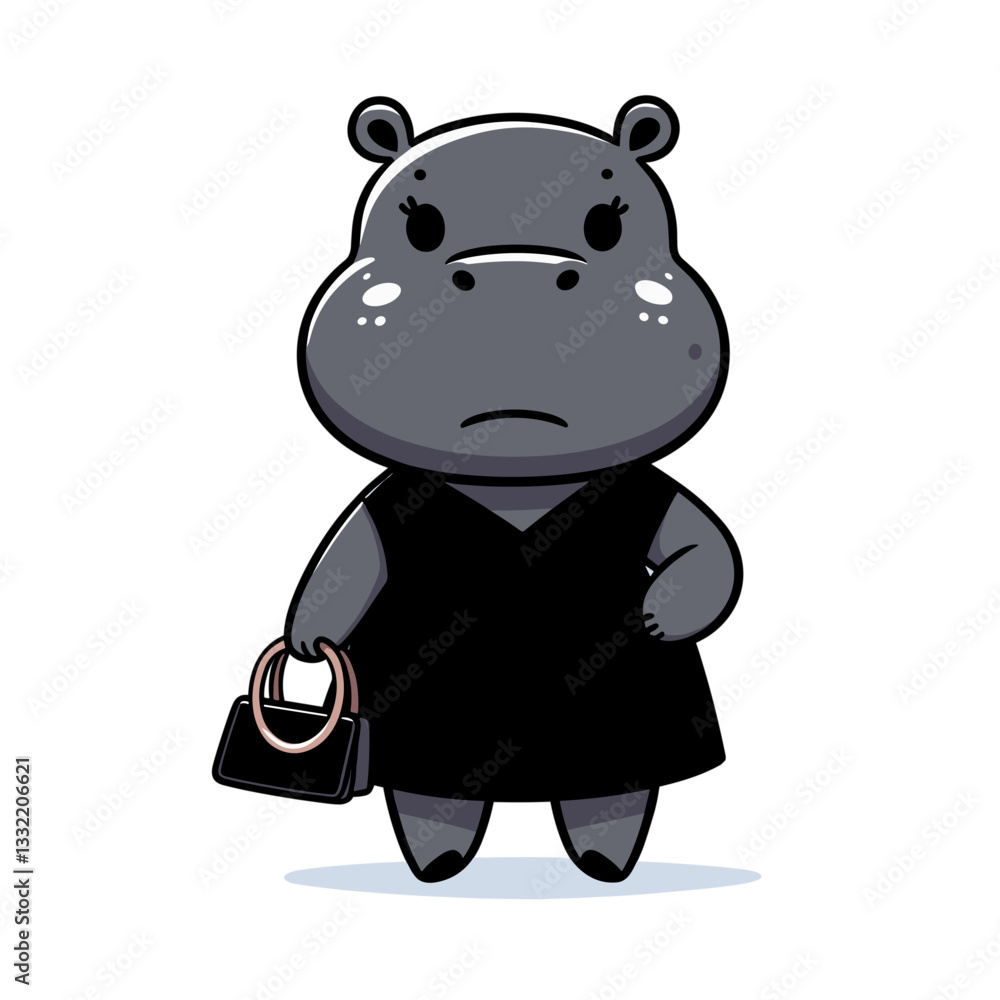 Fototapeta premium Businesswoman hippo in black dress with handbag. Vector illustration perfect for professional services, corporate culture, finance themes, and women in business.
