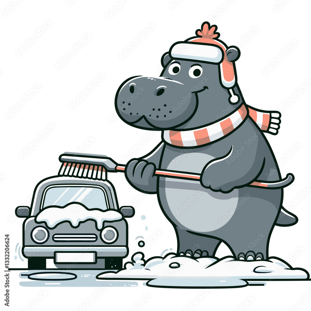 Fototapeta premium Hippo car washer cleaning automobile in winter. Vector illustration ideal for auto service advertising, seasonal maintenance, cleaning business, and winter care.