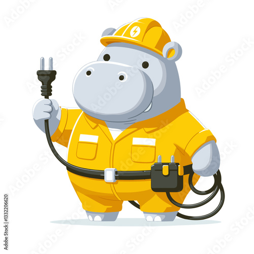 Construction worker hippo in yellow uniform holding electric plug. Vector illustration ideal for safety training, industrial education, and professional services.