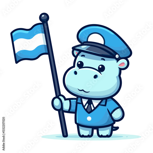 Light blue hippo in police uniform holding flag. Vector illustration perfect for law enforcement themes, security concepts or children's educational content about civic duties.