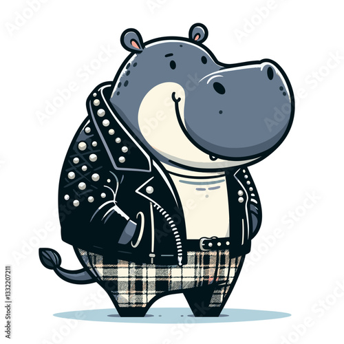 Gray hippo rocker in leather jacket and plaid pants. Vector illustration perfect for music culture themes, alternative lifestyle concepts or entertainment industry visuals.