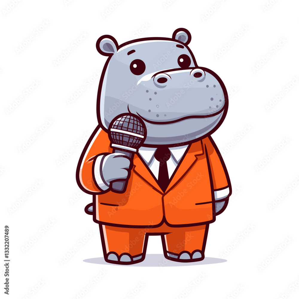 Fototapeta premium Presenter hippo in orange suit holding microphone. Vector illustration concept for broadcasting company mascot or public speaking trainer character.