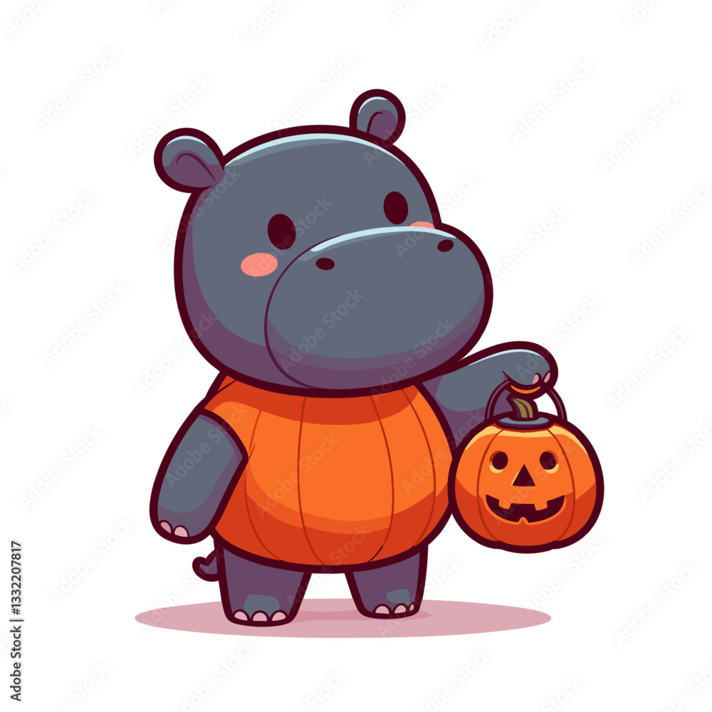 Naklejka premium Dark gray hippo with orange pumpkin bucket in Halloween outfit. Vector illustration ideal for holiday celebration, trick-or-treating, autumn festivals and costume parties.