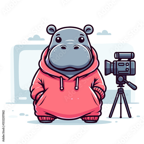 Pink hippo filmmaker with video camera on tripod. Vector illustration ideal for content creation, video production, filmmaking and digital storytelling concepts.