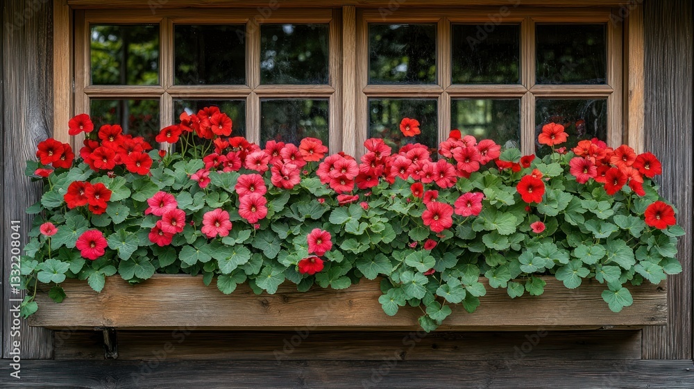 Fototapeta premium Wooden window box overflowing with vibrant red flowers