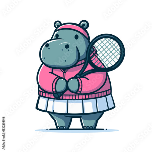 Tennis player hippo in pink outfit holding racket. Vector illustration perfect for sports events, athletic clubs, tennis tournaments, and active lifestyle promotion.