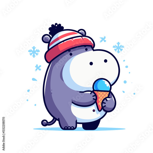 Winter hippo in knit hat eating ice cream. Vector illustration perfect for seasonal contrast humor, dessert advertising, cold weather fun, and winter treat marketing.
