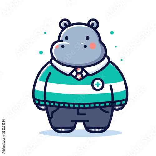 Medical hippo doctor in teal scrubs and stethoscope. Vector illustration for healthcare services, pediatric clinics or professional medical staff concepts.