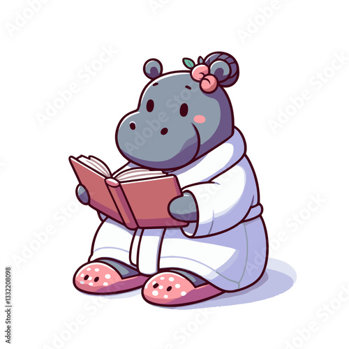 Female hippo in nightgown reading book with slippers. Vector illustration for bedtime stories, relaxation concepts or reading habit development content.