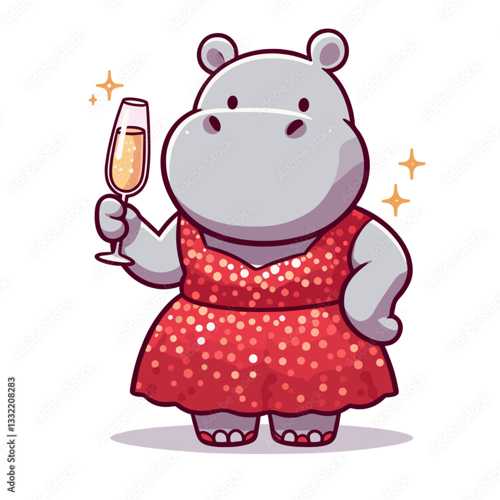 Gray hippo in red sequin dress holding champagne glass. Vector illustration perfect for celebration themes, party invitations or glamorous event marketing materials. Gray hippo in red sequin dress holding champagne glass. Vector illustration perfect for celebration themes, party invitations or glamorous event marketing materials.