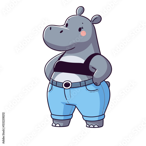 Sailor hippo in striped shirt and blue pants. Vector illustration for nautical themes, maritime professions or seafaring adventure concepts.