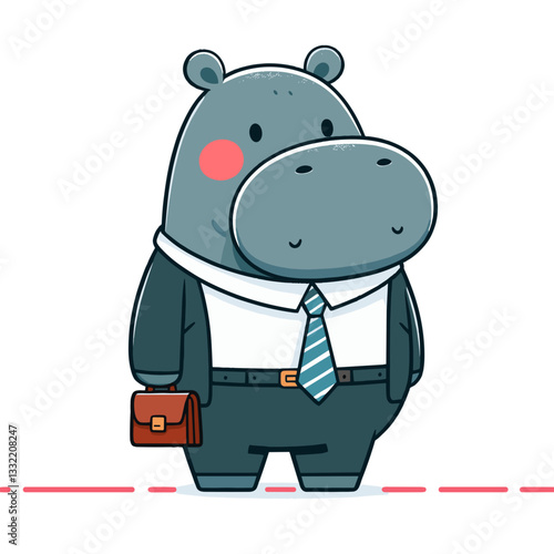 Business hippo in dark suit with tie and briefcase. Vector illustration for corporate professionals, office workers or financial sector concepts.