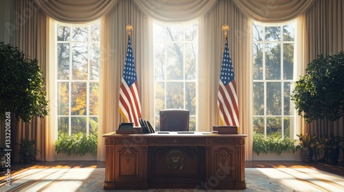 Empty Oval Office Desk, Sunlight Streaming Through Windows, American Flags, Autumn Trees