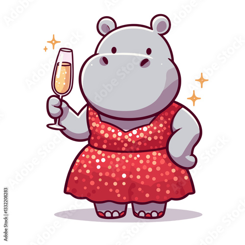Gray hippo in red sequin dress holding champagne glass. Vector illustration perfect for celebration themes, party invitations or glamorous event marketing materials.