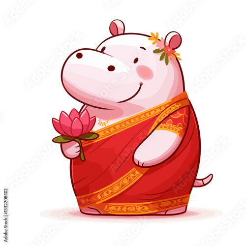 Pink hippo in traditional red sari holding lotus flower. Vector illustration ideal for cultural diversity themes, Indian celebrations or international festival representations.