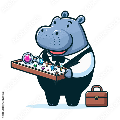 Blue hippo jeweler examining gemstones with briefcase. Vector illustration ideal for luxury crafts, precision professions or high-value merchandise themes.
