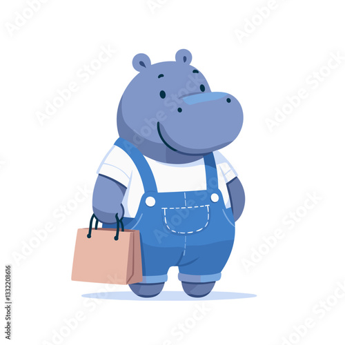 Hippo in blue overalls holding shopping bag. Vector illustration concept for retail store mascot or consumer shopping guide character design.