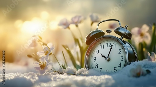Vintage alarm clock in the snow surrounded by blooming spring flowers, symbolizing the transition from winter to spring. Time concept with morning sunlight and nature's rebirth in a peaceful outdoor s