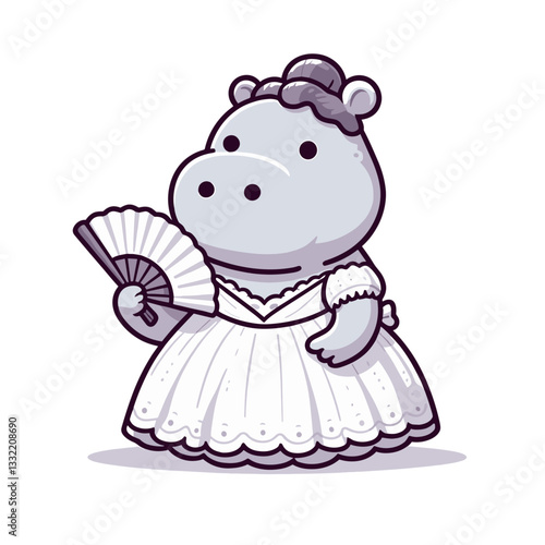 Elegant hippo lady in white Victorian dress with fan. Vector illustration concept for historical reenactment or period drama character design.