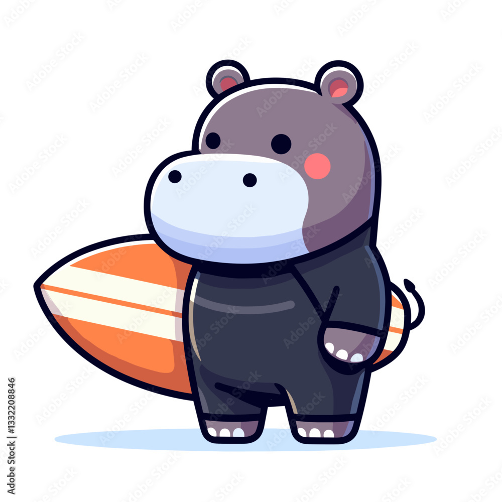 Naklejka premium Gray hippo surfer holding orange surfboard. Vector illustration ideal for beach culture, water sports, summer activities and coastal lifestyle concepts.