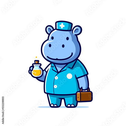 Blue hippo nurse in scrubs holding medicine bottle. Vector illustration ideal for healthcare services, medical professionals, pediatric care and pharmaceutical concepts.