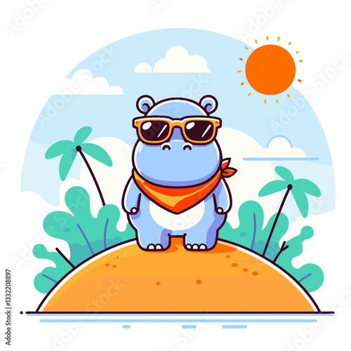 Light blue hippo with sunglasses on tropical beach with palm trees. Vector illustration perfect for summer holidays, exotic vacations, travel destinations and sunny getaways.