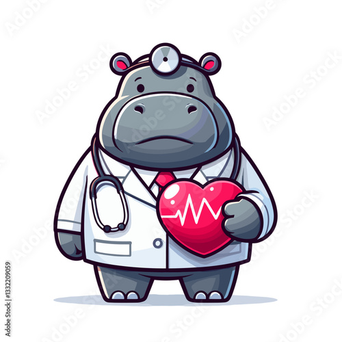 Hippo cardiologist in white coat holding heart with pulse line. Vector illustration ideal for cardiac care, heart health, medical specialization and cardiovascular concepts.