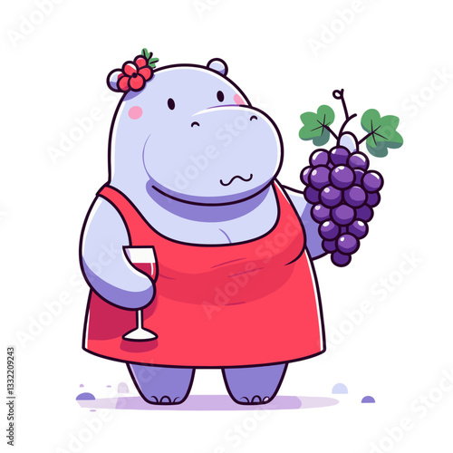 Winemaker hippo in red apron holding grapes. Vector illustration perfect for vineyard marketing, wine festivals, and gourmet food and beverage promotions.