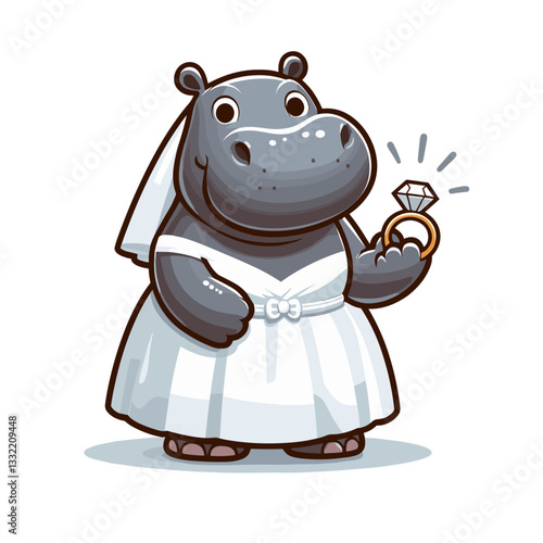 Bride hippo in white wedding dress holding ring. Vector illustration for matrimonial services, bridal fashion or wedding celebration themes.