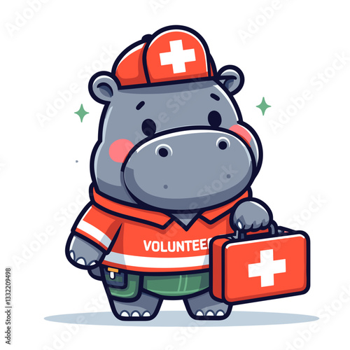 Medical volunteer hippo with first aid kit and uniform. Vector illustration for emergency services, healthcare volunteers or disaster relief organizations.